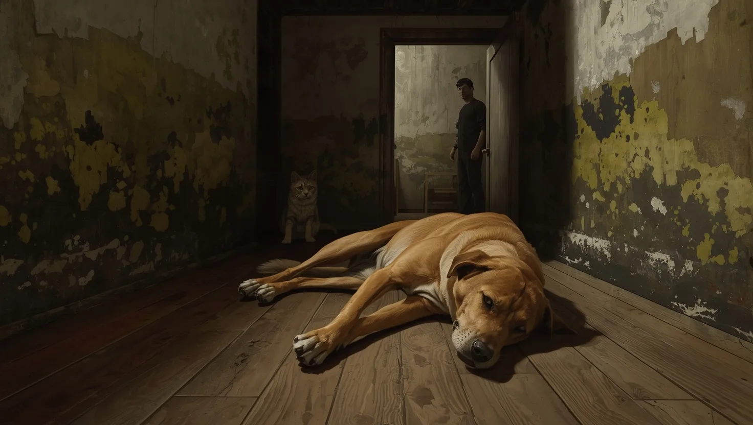 Pets and mold exposure. Pet displaying behavioral changes from mold exposure, including lethargy and anxiety symptoms indicating indoor mold health risks for animals.