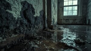 # Black mold growing on white wall surface indoors, showing signs of moisture damage in house