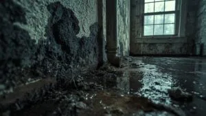 # Black mold growing on white wall surface indoors, showing signs of moisture damage in house