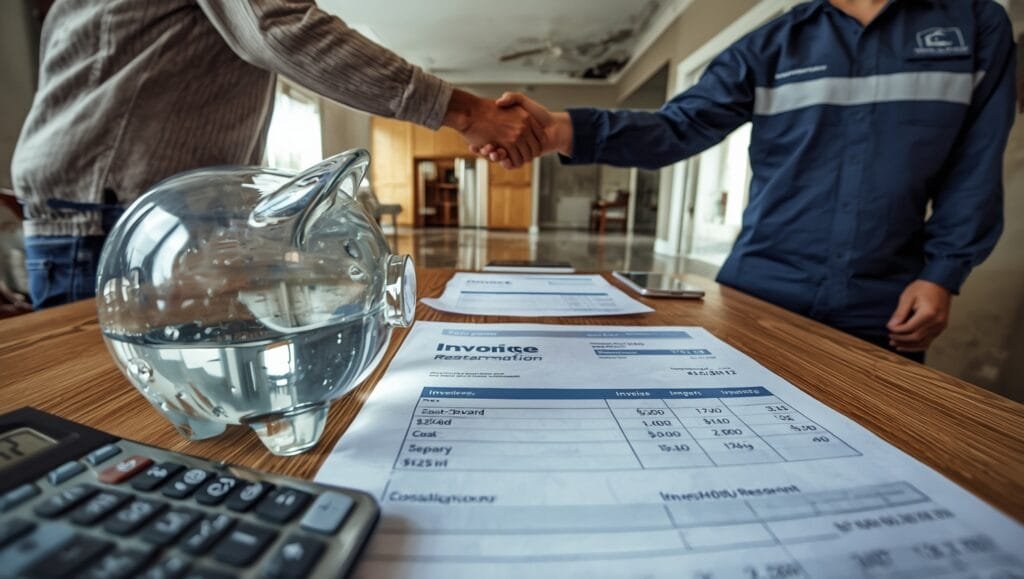 Water damage restoration cost guide showing zero hidden fees and transparent pricing breakdown for emergency home restoration services.