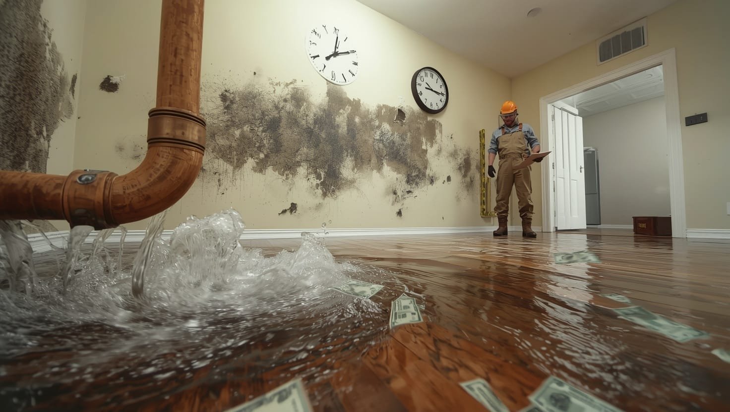 Water damage restoration cost climbing due to delays and mold growth, showing expense breakdown chart