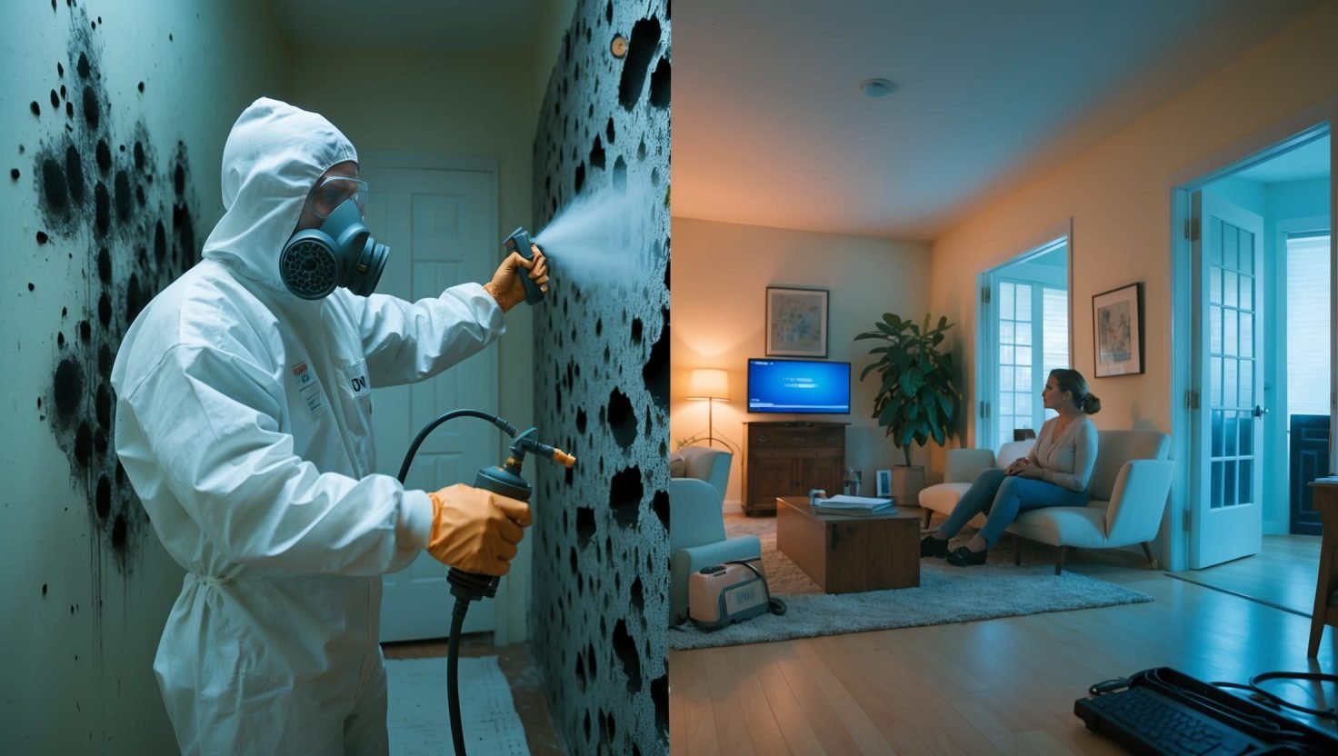 Professional technician removing toxic black mold from a home's bathroom wall wearing protective gear - local mold remediation service