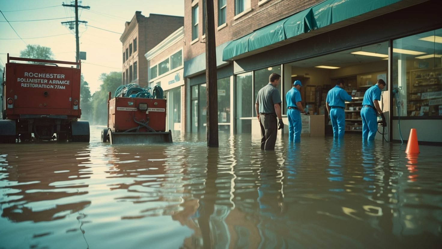 Commercial water damage restoration team extracting water from flooded business office with professional equipment, saving inventory and minimizing downtime.