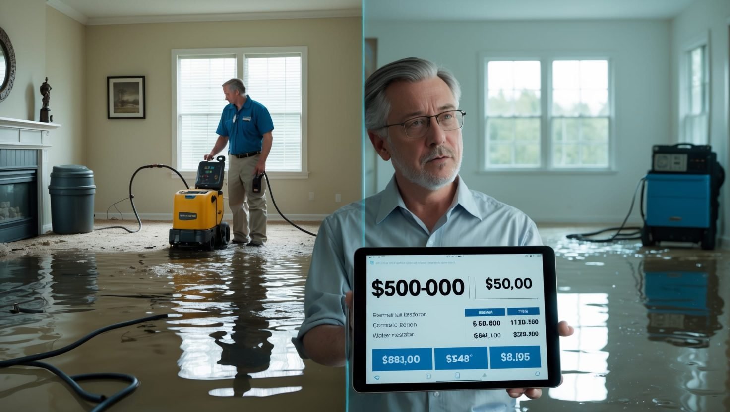 Cost to repair water damage: Professional removing water from flooded room with equipment, showcasing typical water damage repair costs and restoration process.