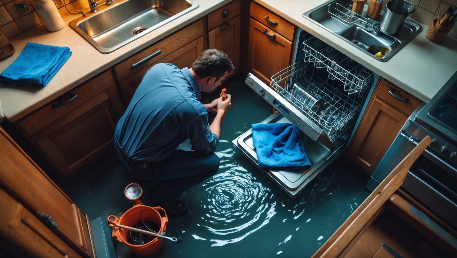 Water pooling on kitchen floor beneath dishwasher with homeowner cleaning up flood damage - quick action guide to prevent costly repairs