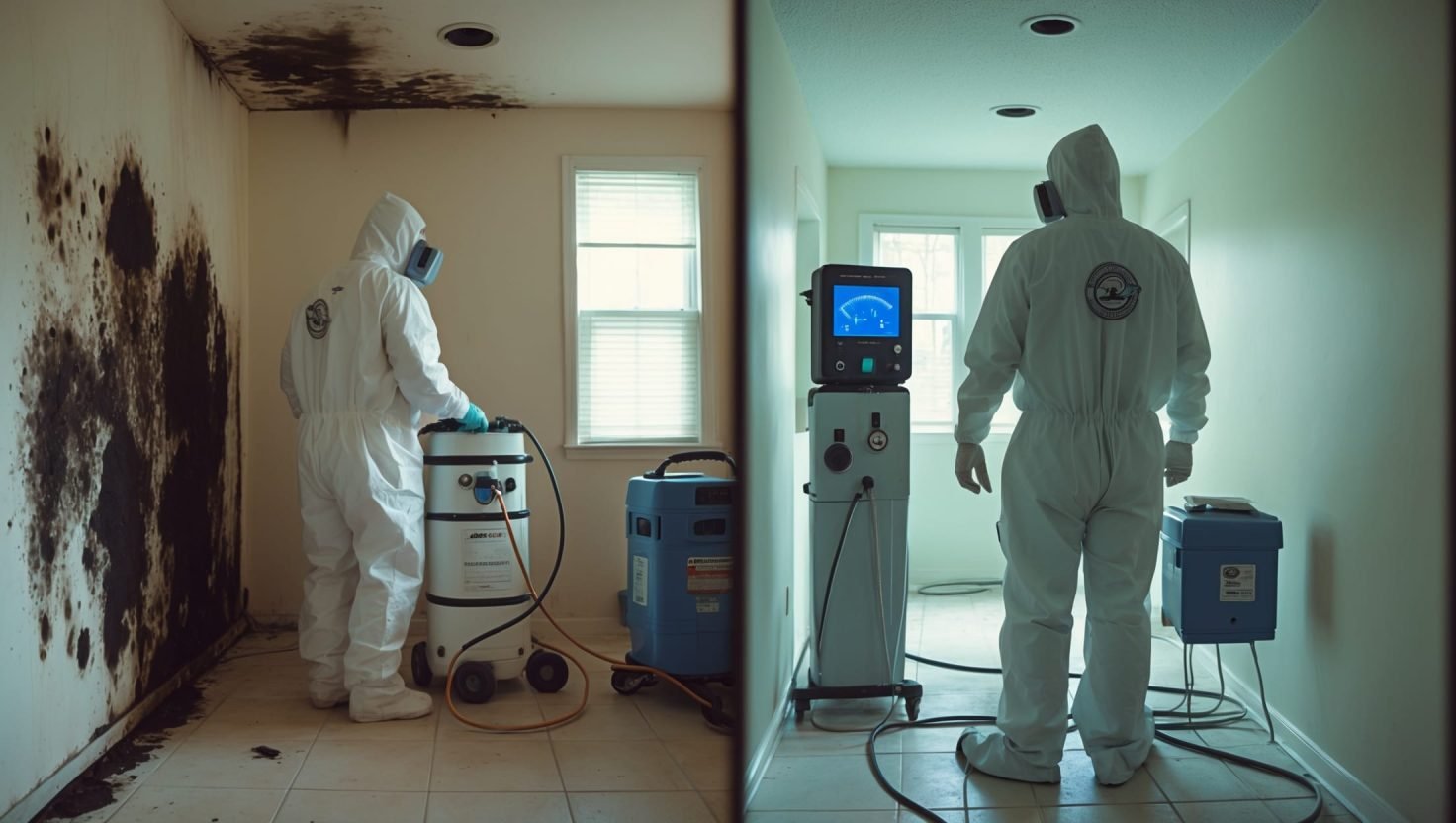 Does Mold Remediation Work: Black mold before and after remediation showing dramatic difference, with professional technician using equipment to remove toxic mold growth