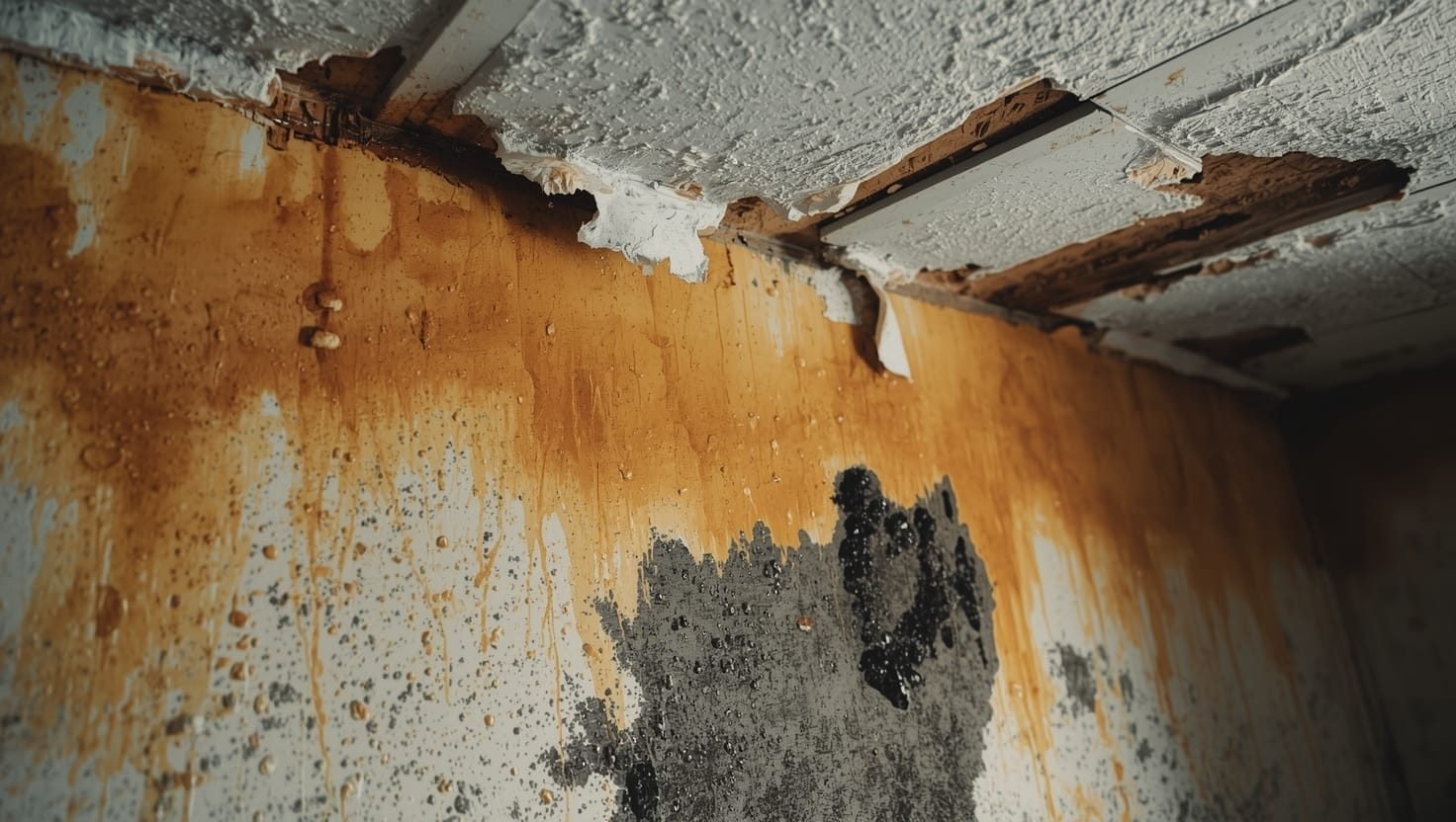 drywall-water-damage-3-shocking-signs-youre-screwed-hero-image-jpeg Drywall signs of water damage in walls: Water-damaged drywall showing discoloration, bubbling paint, and visible mold growth - clear signs of severe wall moisture problems
