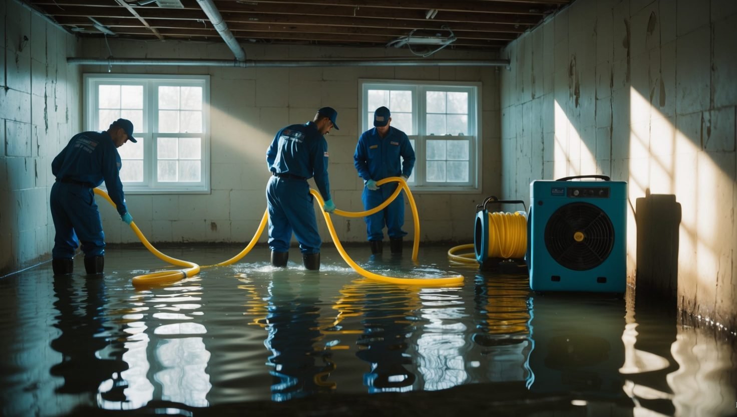 Professional water damage team removing water from flooded basement with extraction equipment and safety gear - emergency cleanup service