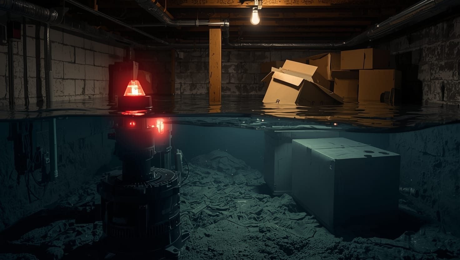 Closeup of a high water alarm for sump pump with flashing red light, mounted in a basement to detect flooding and prevent water damage