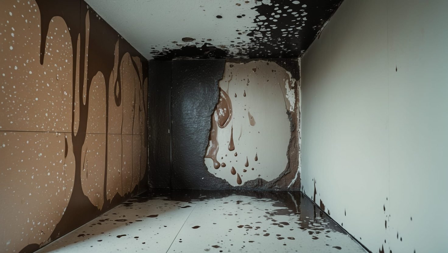 signs of water damage in walls: Discolored wall with visible bubbling paint, brown water stains, and mold growth - clear signs of water damage in residential drywall