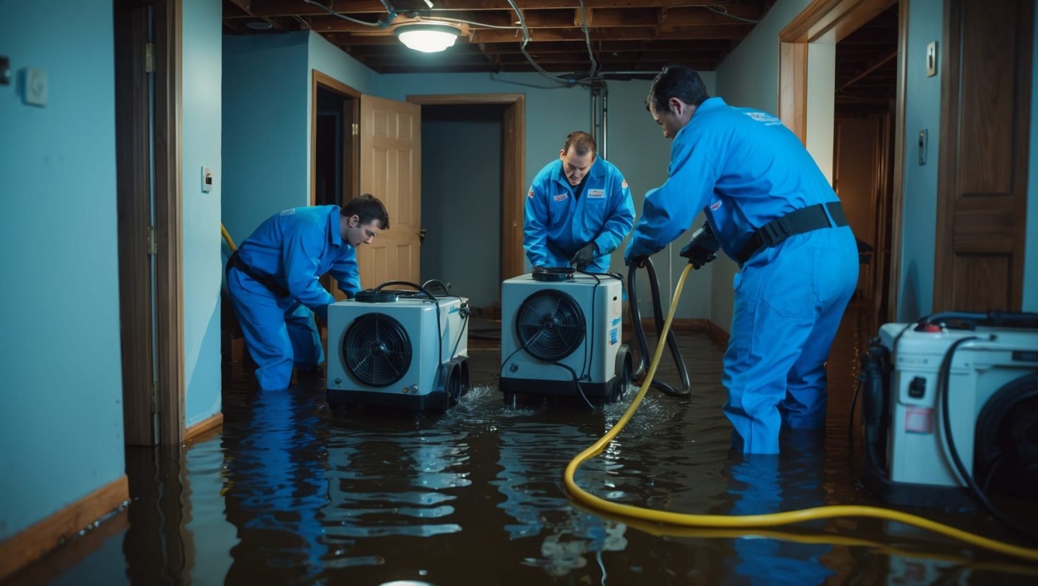 water damage cleanup near me: Flooded home with emergency restoration team extracting water and drying floors – local water damage cleanup specialists in action
