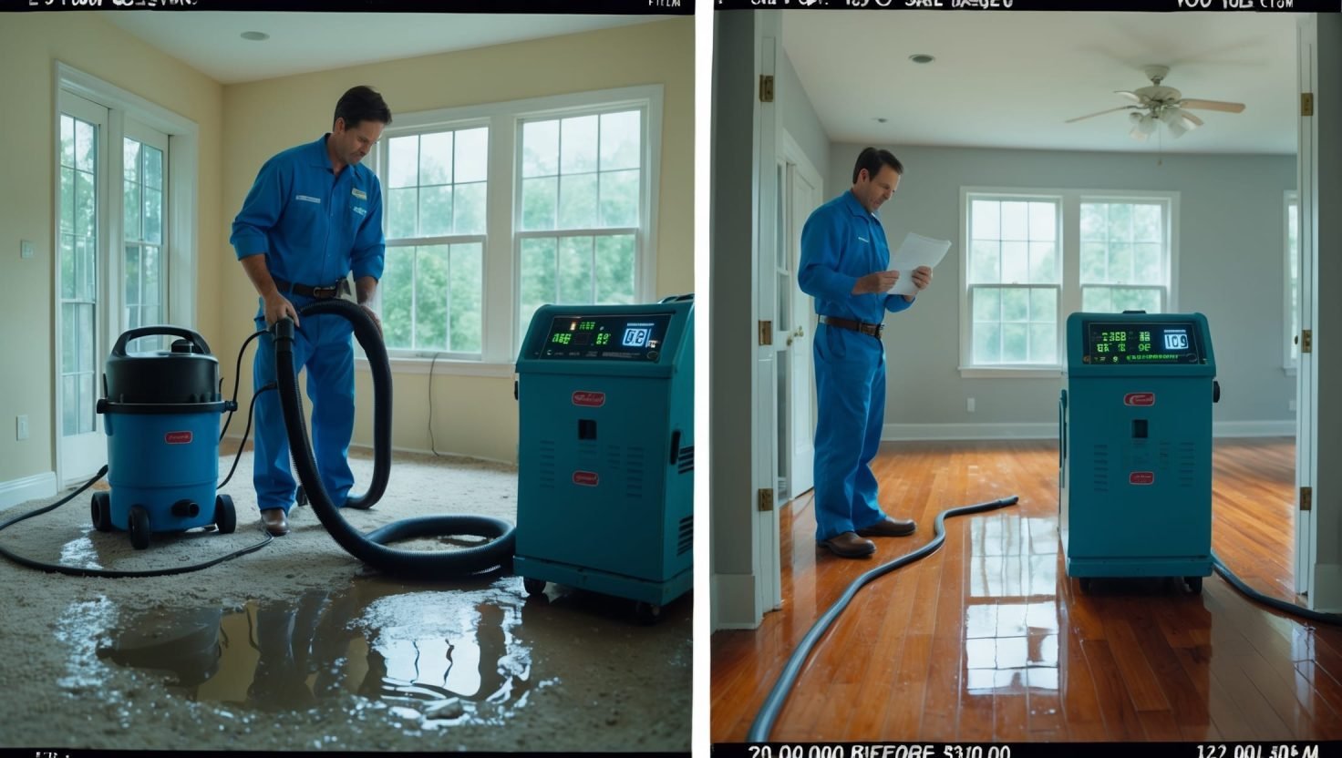 Professional water damage restoration technicians extracting water from flooded home, saving homeowners $50K in potential structural damage costs