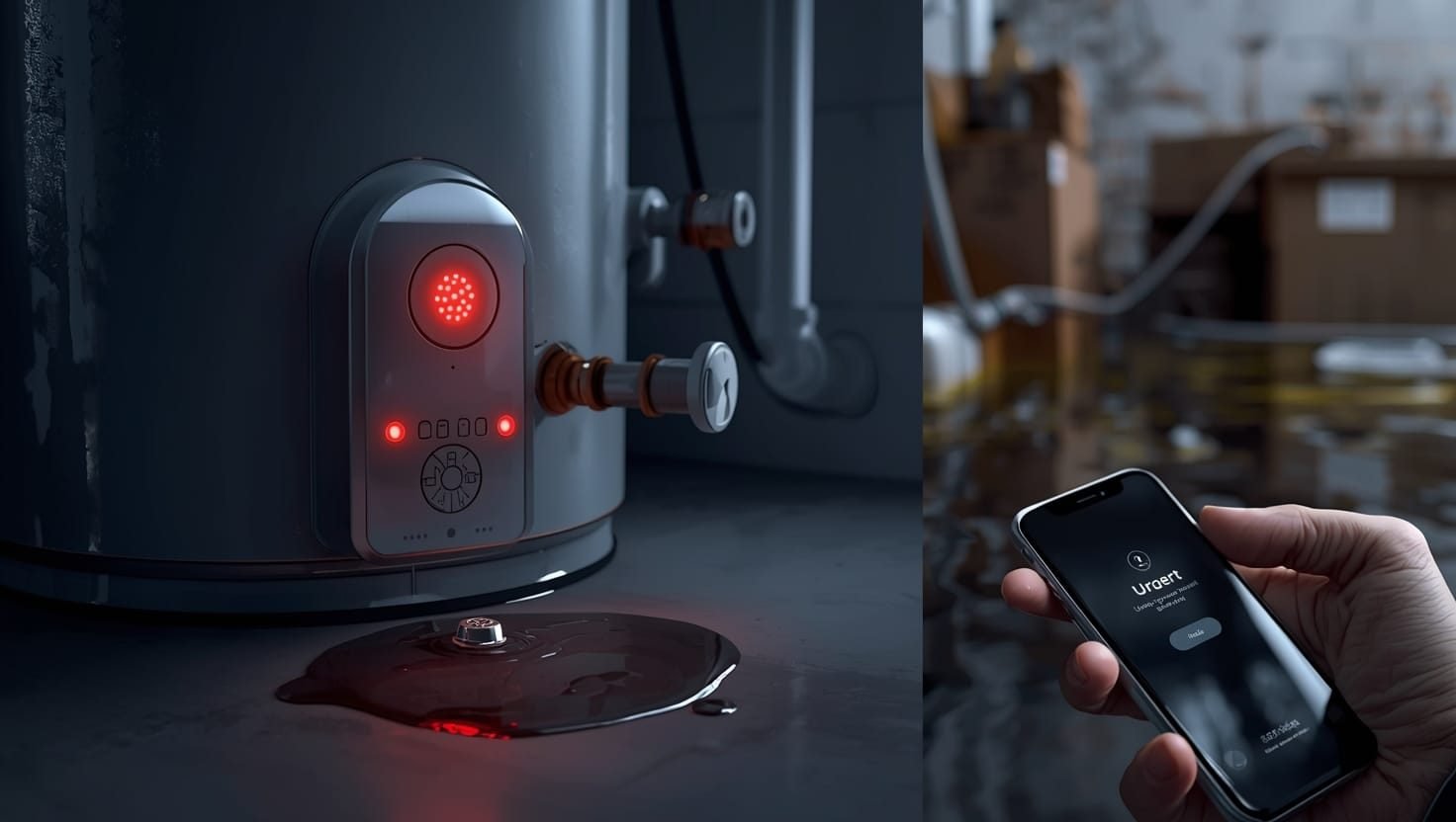 Water heater leak alarm device installed near tank with water puddle, protecting home from costly damage and flooding emergencies