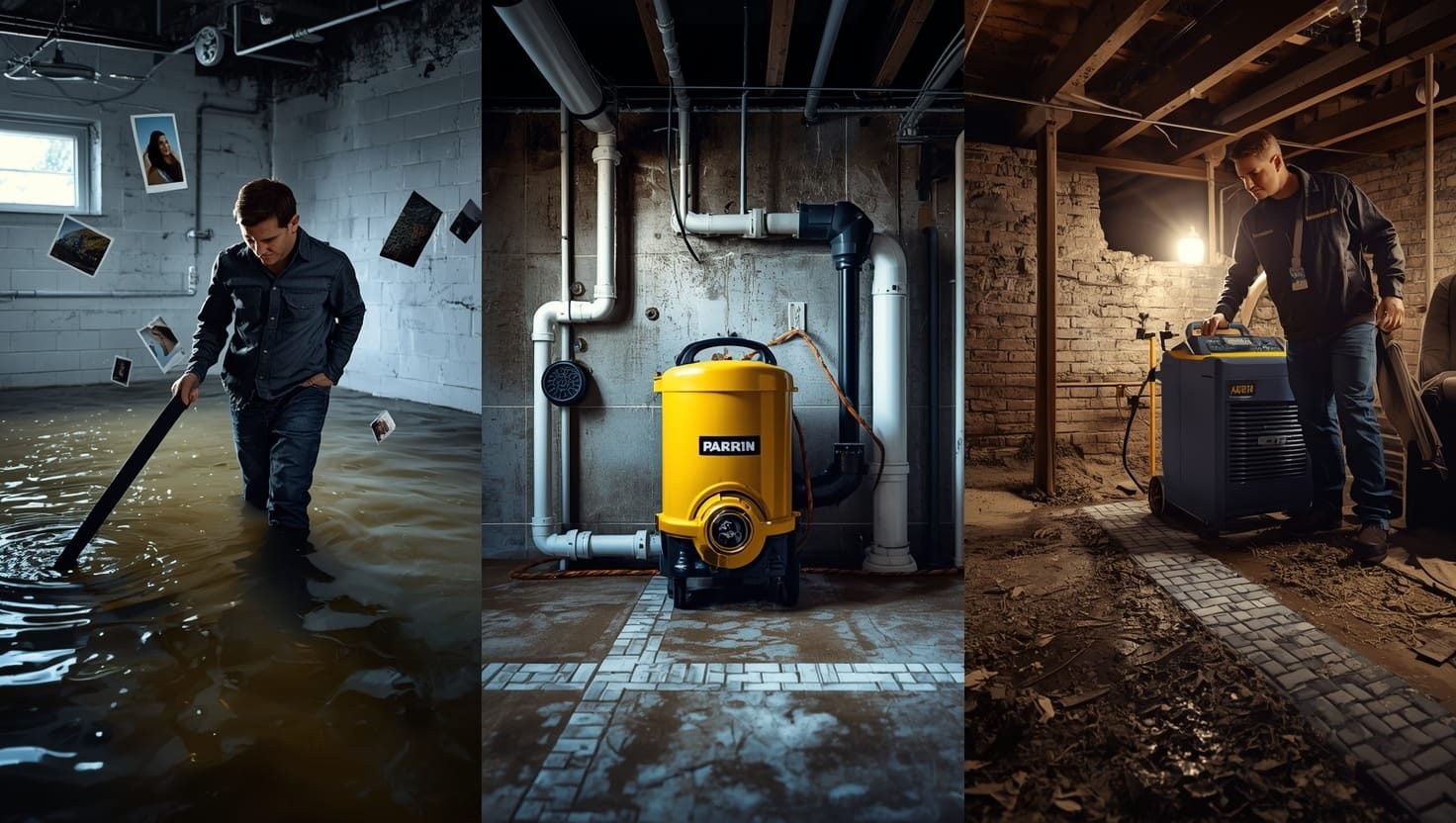 Water In Basement? 3 Shocking Fixes That Save $1000s!: Flooded basement with standing water being fixed by emergency drainage solutions - affordable water in basement repair methods saving homeowners money.