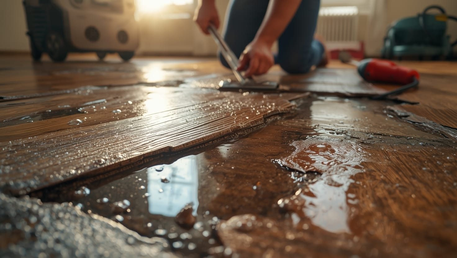 water floor damage how i saved 10k Severely buckled hardwood floor with water damage being restored using DIY methods, saving homeowners $10K in repair costs #wood floor water damage